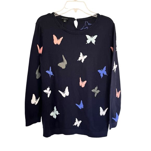 Talbots Navy Blue Butterfly Intarsia Crewneck Long Sleeve Sweater Size Small - Picture 3 of 7